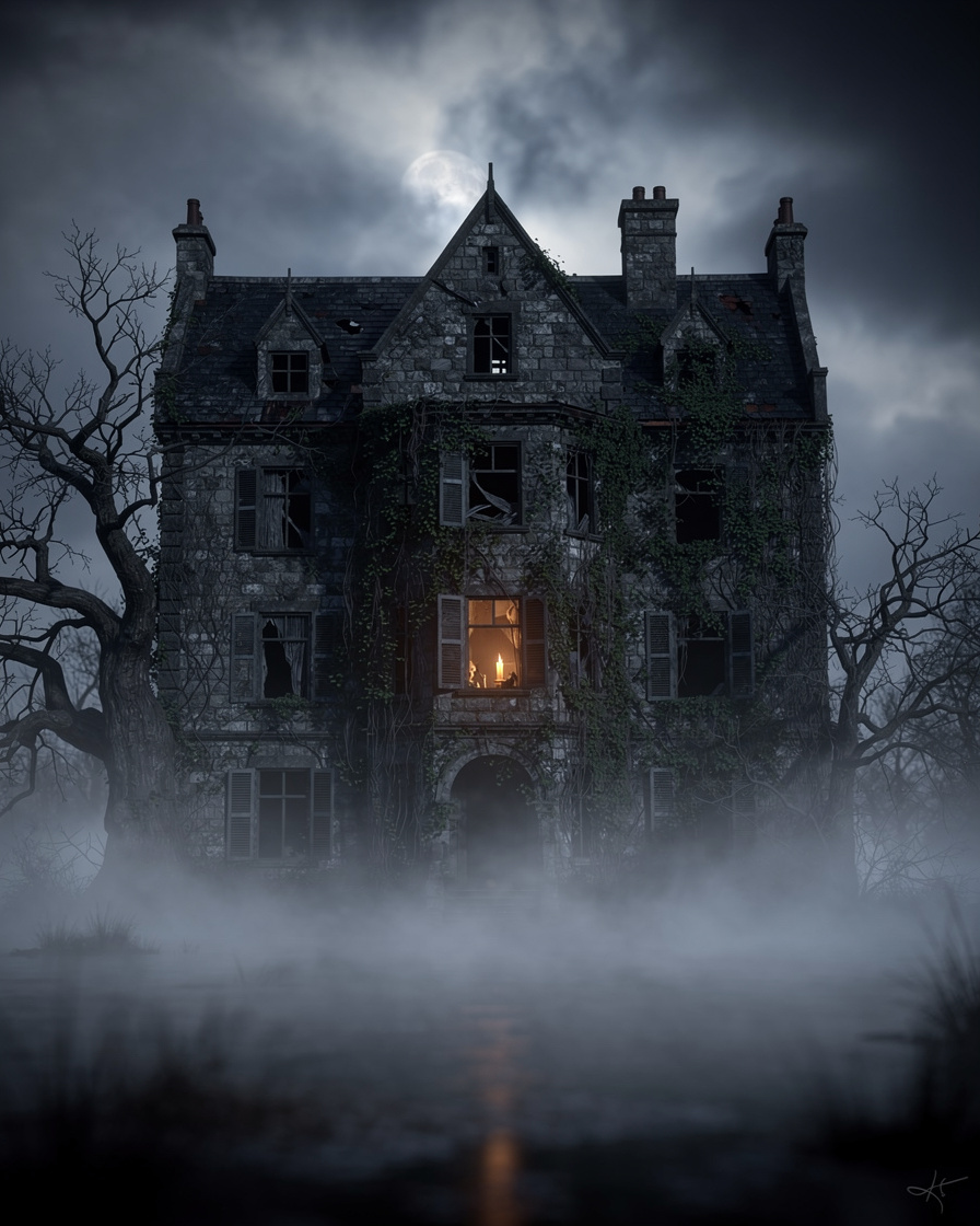 Abandoned stone mansion window with candlelight